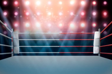 Spot ışıklarıyla aydınlatılmış boks ringi. dijital efekt 3d oluşturucu.