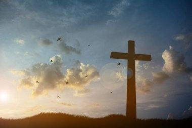 Kavramsal siyah haç sembolünü çimenlerin üzerinde gün batımında ya da gün doğumunda gökyüzünde hayal et.