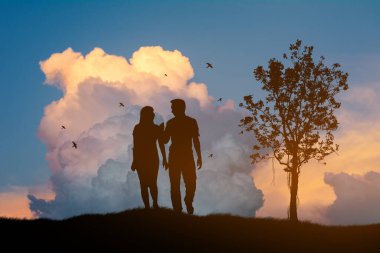 Genç çiftin zevk çayır günbatımında