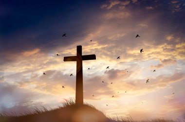 Kavramsal siyah haç sembolünü çimenlerin üzerinde gün batımında ya da gün doğumunda gökyüzünde hayal et.