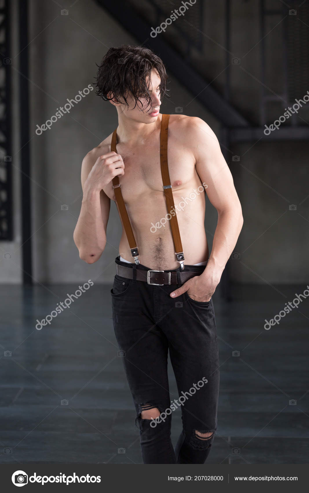 Handsome Shirtless Dark Haired Male Model Ripped Jeans Suspenders Dark Stock Photo Image By C Byazrov 207028000