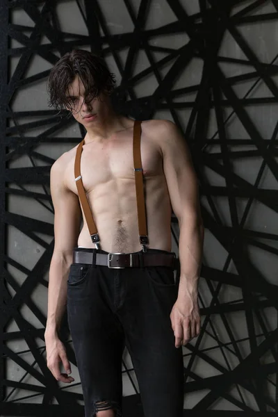 Handsome Shirtless Dark Haired Male Model Ripped Jeans Suspenders Dark — Stock Photo, Image