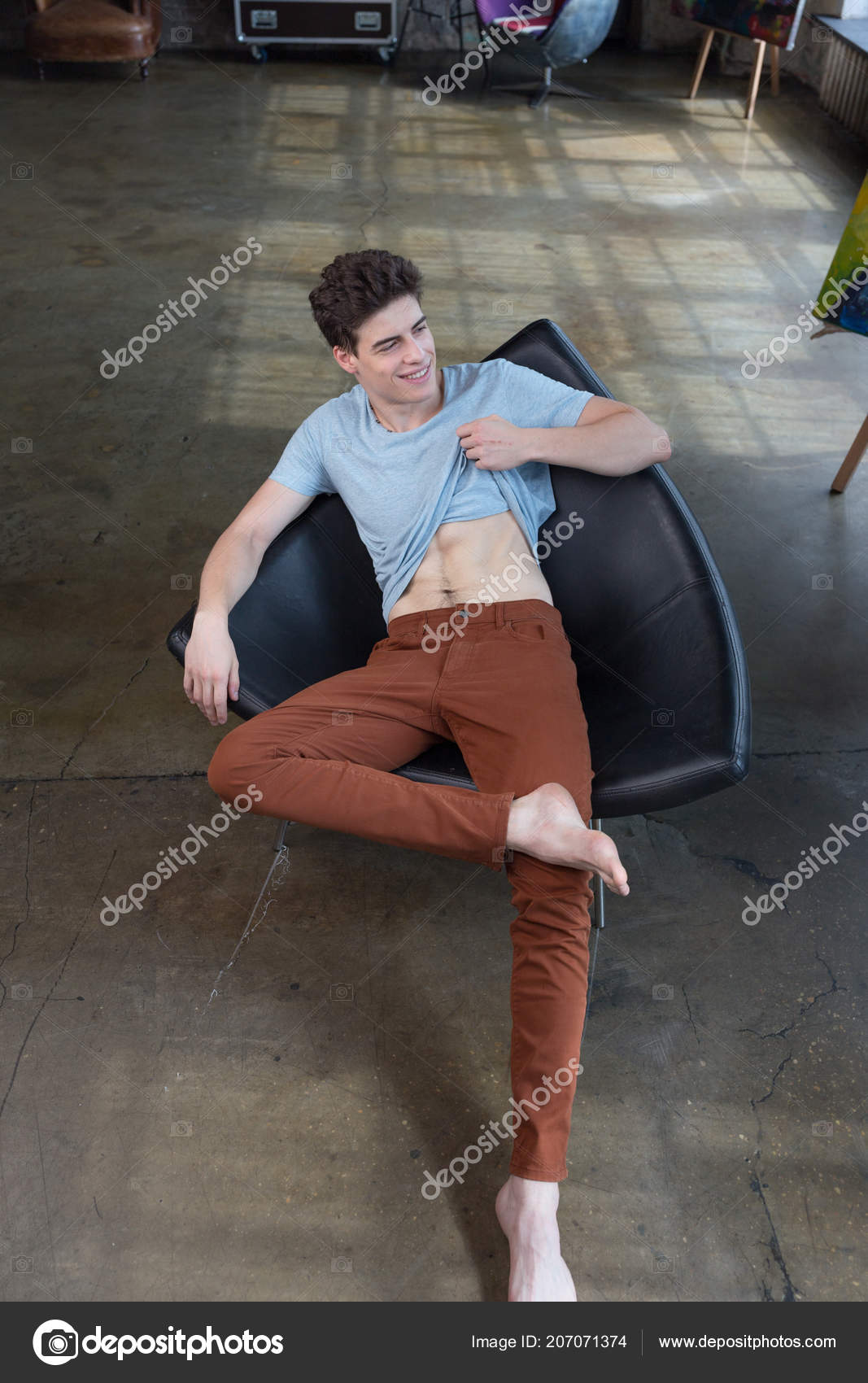 blue shirt dark brown pants