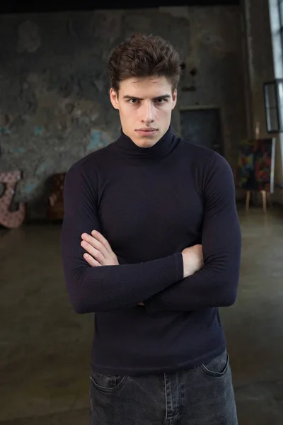 Serious Angry Young Smart Male Fashion Model Dark Brown Hair — Stock Photo, Image