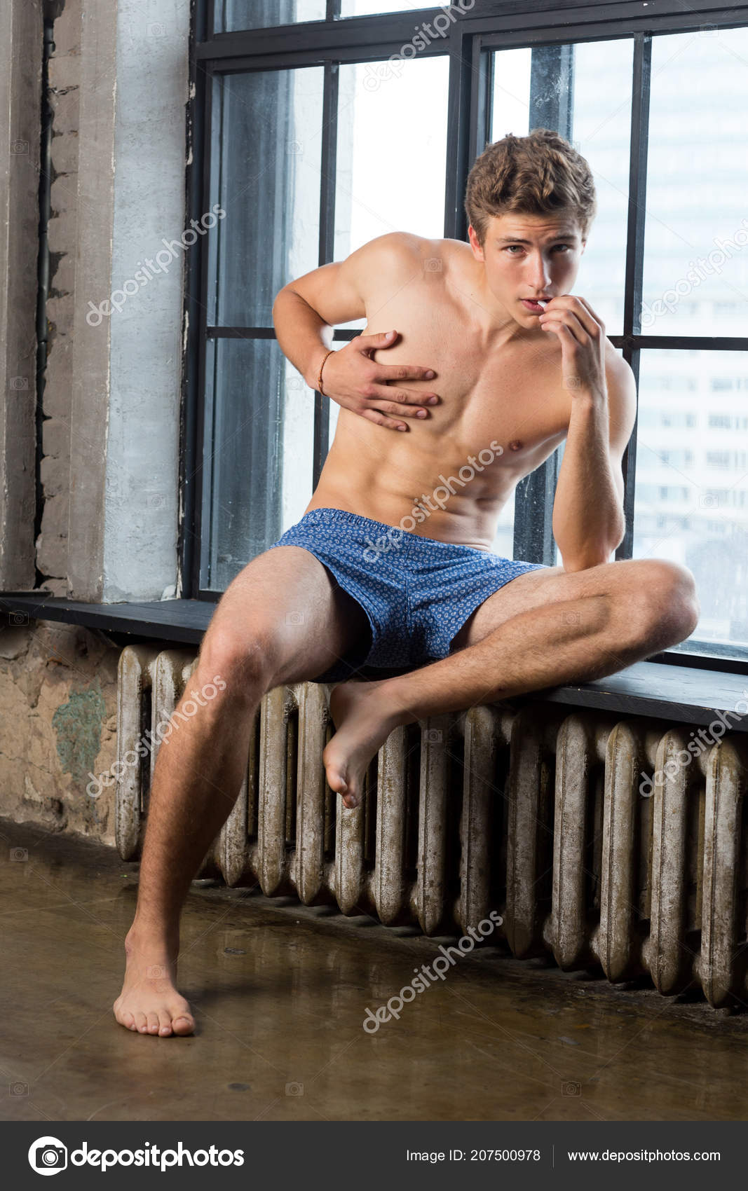 Handsome Brutall Cute Russian Male Model Underwear Sitting Window