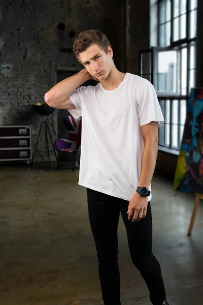 Handsome Young Male Model White Shirt Standing Trendy Professional Photostudio — Stock Photo, Image