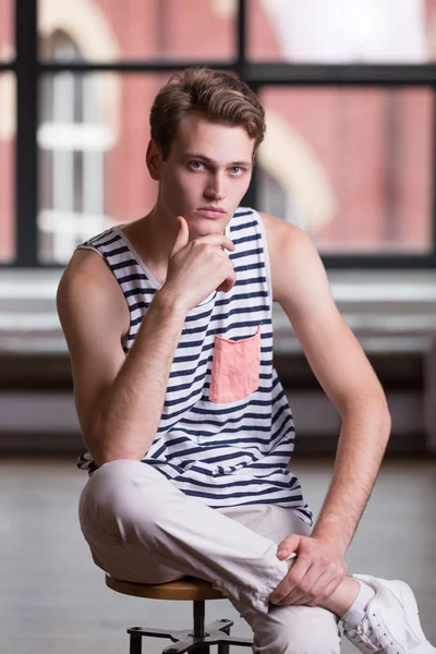 Handsome Young Man Blue Eyes Casual Shirt Stripes Blue Jeans — Stock Photo, Image