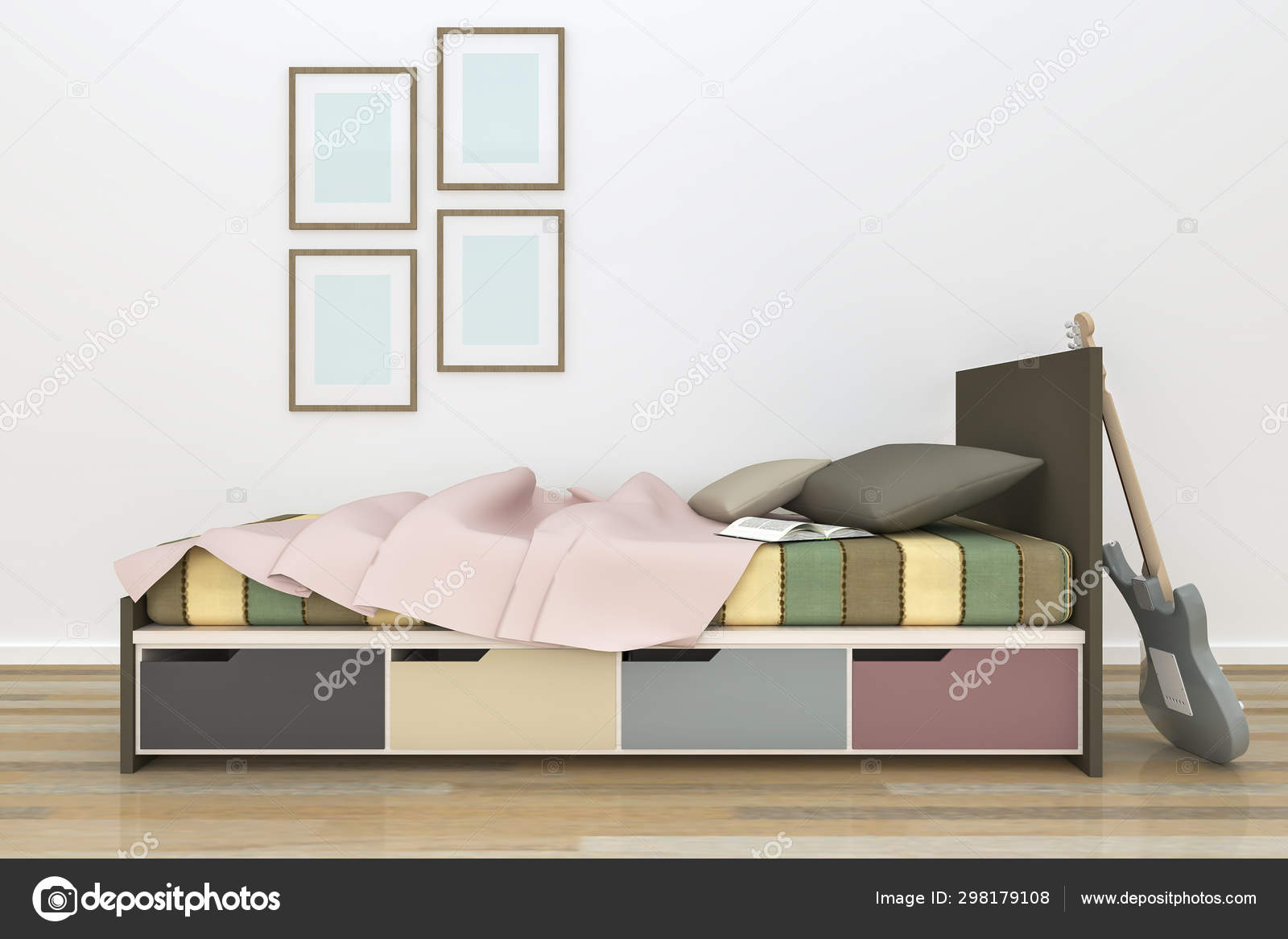 Realistic Rendering Modern Kids Bedroom, Kid Bed Frame With Drawers