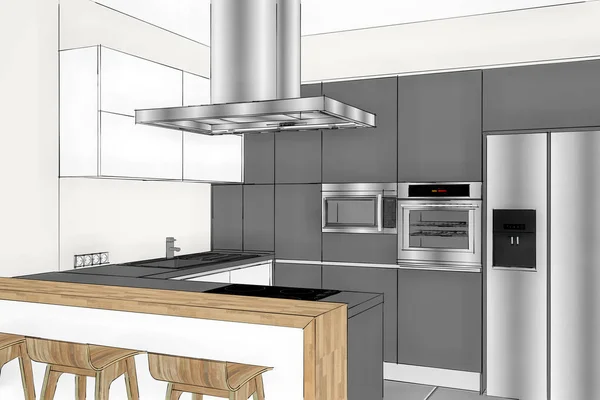Rendering Modern Creative Kitchen Furniture Design Light Interior Concept Idea — Stock Photo, Image