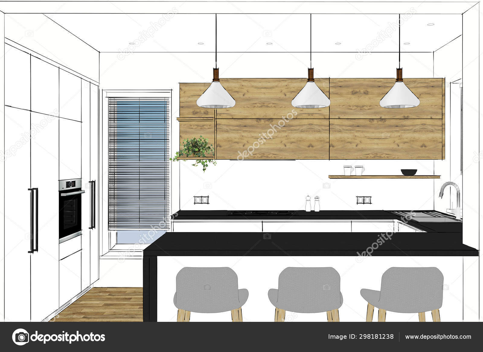 Rendering Modern Kitchen Furniture Design Light Interior Wood