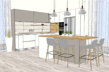 3d illüstrasyon. Hafif iç modern mutfak mobilyaları tasarımı. Mutfak adası ve odadaki sandalyeler. Yemek odası. Şamandıralı kolye ışıkları. Proje yönetimi. Dekorasyon, aletleri, stil.