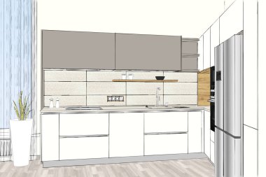 3d illüstrasyon. Hafif iç modern mutfak mobilyaları tasarımı. Mutfak adası ve odadaki sandalyeler. Yemek odası. Şamandıralı kolye ışıkları. Proje yönetimi. Dekorasyon, aletleri, stil.