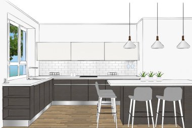 3d render. Hafif iç modern İskandinav mutfak mobilyaları tasarımı. Odada mutfak adası. Oturma odası. Ev Tasarım Yazılım Programları. Şamandıralı Kolye Işıkları. Sandalyeler, süslemeler, stil.