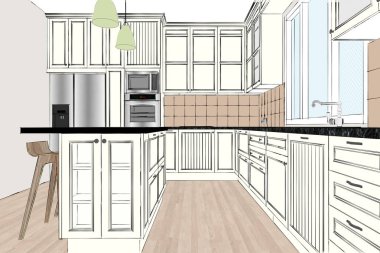 3d render. Hafif iç klasik mutfak tasarımı. Odada mutfak adası. Mutfak ve oturma odası bir arada. Tasarımcı krokisi. Kolye ışığı. Perspektif, çizgiler, cihazlar, dekorasyonlar.