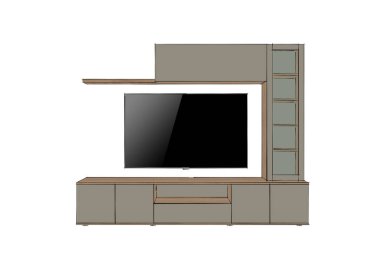 3d render. Modern tv standı mobilya tasarımı beyaz arka plan üzerinde izole. Oturma odası mobilyalarının krokisi. Ev İç Tasarım Yazılım Programları. Gri, ahşap, aletler, dolap. Ev İç Tasarım Yazılım Programları. Proje yönetimi.