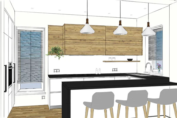 Perilisan Desain Mebel Dapur Modern Interior Ringan Dengan Aksen Kayu — Stok Foto