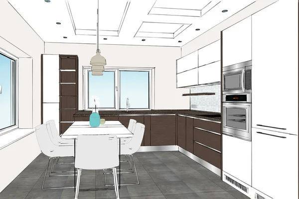 Render Hafif Modern Kahverengi Mutfak Tasarımı Odada Beyaz Mutfak Masası — Stok fotoğraf