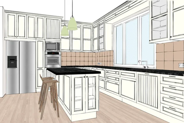 Rendering Cucina Classica Design Interni Leggeri Cucina Isola Nella Stanza — Foto Stock