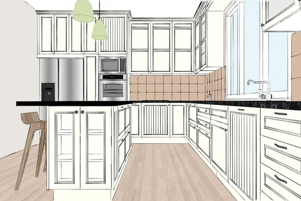 3D rendering. Classic kitchen design in light interior. Kitchen island in the room. Kitchen and living room combined. Designer sketch. Pendant light. Perspective, lines, appliances, decorations.