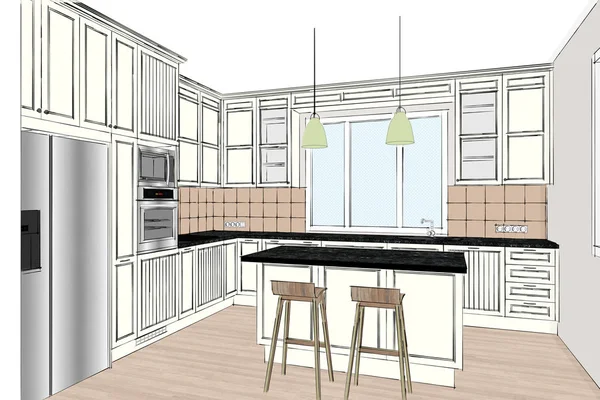 Darstellung Klassisches Küchendesign Hellem Interieur Kücheninsel Zimmer Küche Und Wohnzimmer — Stockfoto