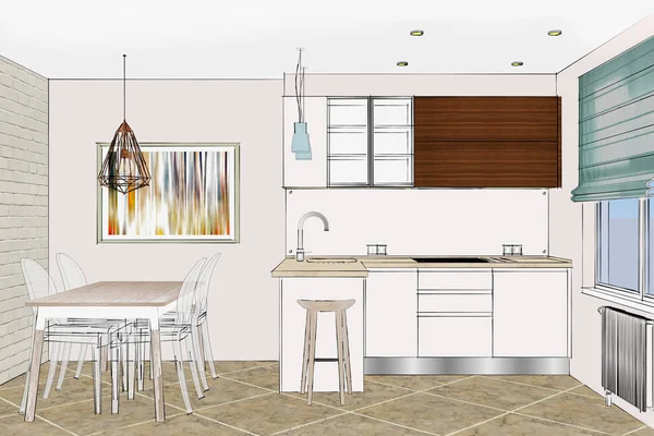 现代厨房家具设计在轻内饰 厨房半岛和桌子在房间里 厨房素描与装饰和电器 复古铜线吊坠灯泡 厨房和客厅相结合 — 图库照片