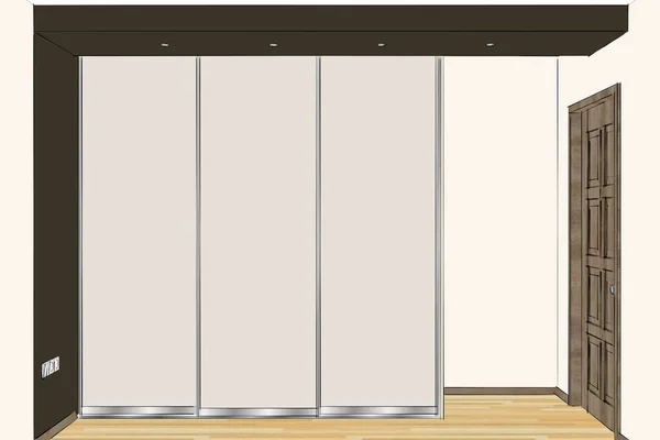 3D rendering. Empty wardrobe with metal system sliding doors in the room. Large modern cupboard. Home Interior Design Software Programs. Project management.