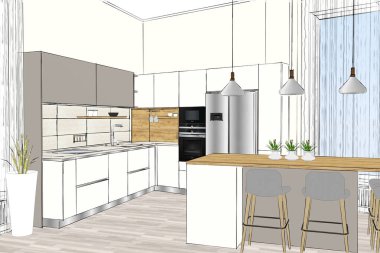 3d illüstrasyon. Hafif iç modern mutfak mobilyaları tasarımı. Mutfak adası ve odadaki sandalyeler. Yemek odası. Şamandıralı kolye ışıkları. Proje yönetimi. Dekorasyon, aletleri, stil.