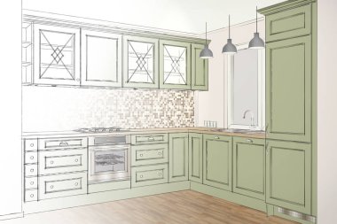3d illüstrasyon. Güzel klasik mutfak mobilyaları tasarımı. Çizgiler, projeksiyon, inşaat, aletleri, dekorasyon, çizim, kolye ışıkları, pencere. Mozaik karolar.