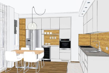 3d render. Ahşap aksan ile iç modern yaratıcı mutfak mobilyatasarımı. Yemek, oturma odası. Meşe kaplama. Mutfak aletleri ve dekorasyon. Kolye ışığı. Bej dolaplar, kahverengi zemin.