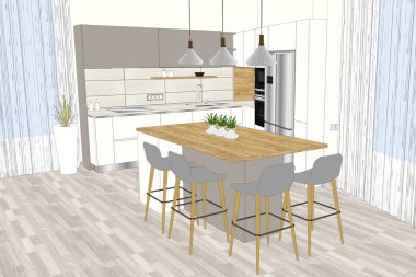 3d illüstrasyon. Hafif iç modern mutfak furnitur tasarımı. Mutfak adası ve odadaki sandalyeler. Yemek odası. Şamandıralı kolye ışıkları. Proje yönetimi. Dekorasyon, aletleri, stil.
