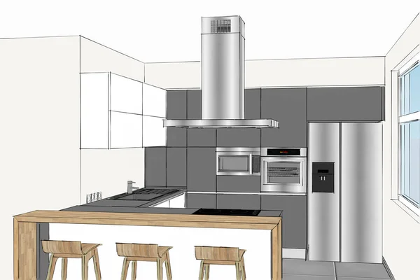 Perilisan Desain Mebel Dapur Kreatif Modern Interior Cahaya Konsep Ide — Stok Foto