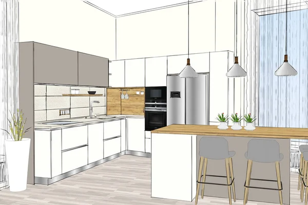 Иллюстрация Современный Дизайн Кухонной Мебели Светлом Интерьере Кухня Острова Стулья — стоковое фото