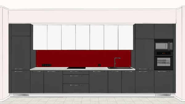 Ilustración Diseño Lineal Muebles Cocina Modernos Interior Ligero Esbozo Cocina — Foto de Stock