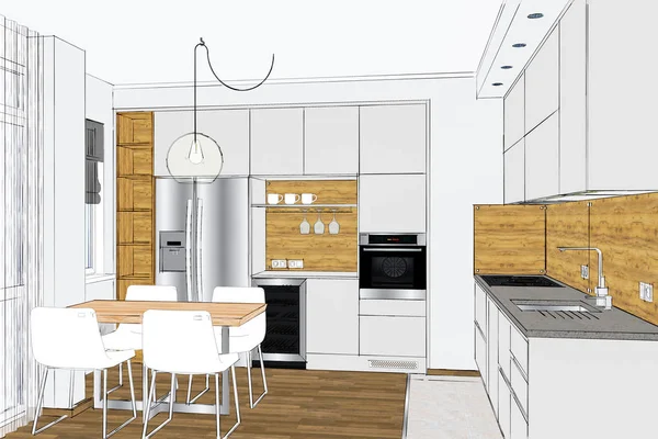 Perilisan Desain Mebel Dapur Kreatif Modern Interior Dengan Aksen Kayu — Stok Foto