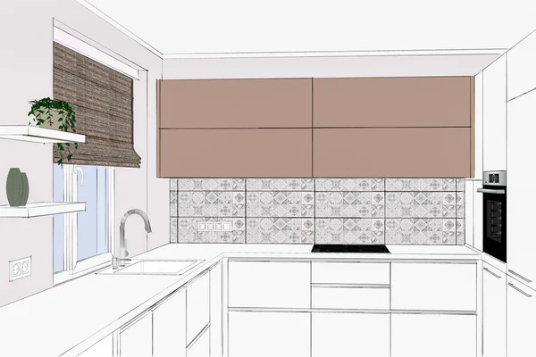 3Dイラスト モダンな創造的な白光沢のあるキッチン家具のデザイン ブラインド付きのウィンドウ ホームインテリアデザインソフトウェアプログラム アプライアンスと装飾品 スカンジナビアスタイル — ストック写真