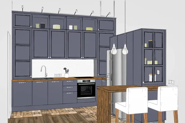 Ilustração Design Cozinha Criativa Moderna Interior Leve Esboço Cozinha Mesa — Fotografia de Stock