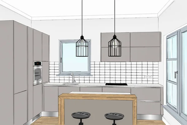 3D illustration. Modern creative kitchen design in light interior. Kitchen sketch. Kitchen wooden island in the room. Industrial Pendant light Retro Metal Cage. Lines, appliances, decorations.