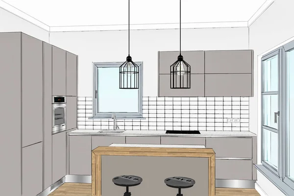 Illustration Modern Creative Kitchen Design Light Interior Kitchen Sketch Kitchen — Stock Photo, Image