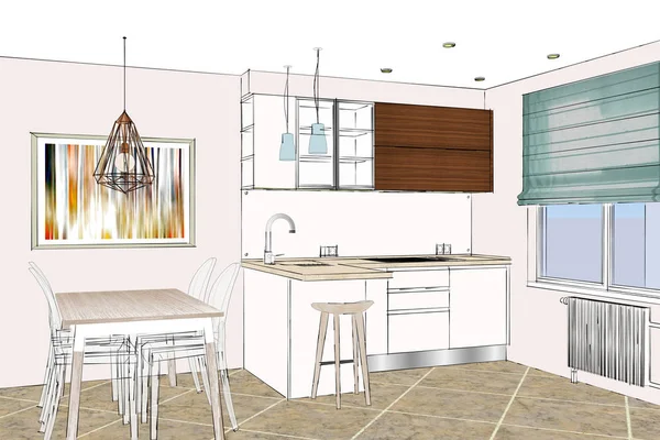 Render Hafif Modern Mutfak Mobilyaları Tasarımı Mutfak Yarımadası Odada Masa — Stok fotoğraf