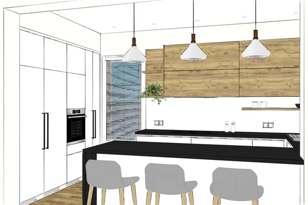 3D rendering. Modern kitchen furniture design in light interior with wood accents. Kitchen peninsula in the room. Float pendant lights. Cabinets, art, style, realestate, office, homedecor, barstools.