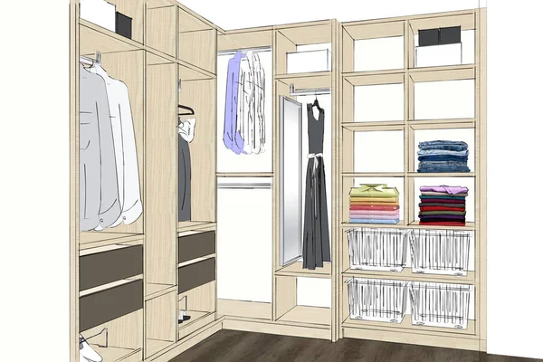 Rendering Modern Large Comfortable Wardrobe Folded Hanging Clothes Functional Furniture — Stock Photo, Image