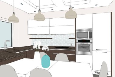 3d render. Hafif iç modern kahverengi mutfak tasarımı. Odada beyaz mutfak masası. İç tasarım. Kolye ışığı. Perspektif, çizgiler, cihazlar, dekorasyon, pencereler.