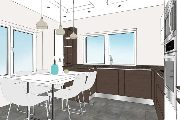 Perilisan Desain Dapur Coklat Modern Interior Cahaya Meja Dapur Putih — Stok Foto