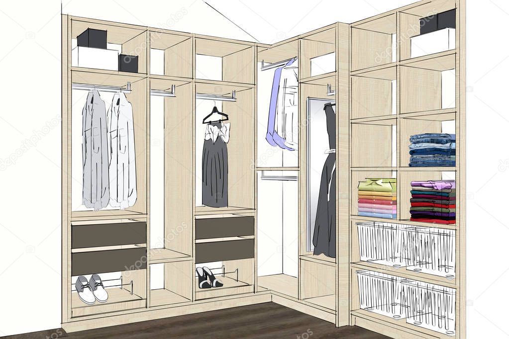 3D rendering. Modern, large comfortable wardrobe with folded and hanging clothes. Functional furniture design of dressing room. Wood cupboard. Home Interior Design Software Programs.