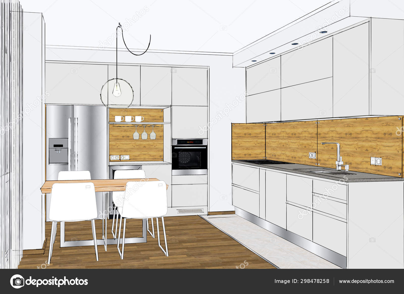 Rendering Modern Creative Kitchen Furniture Design Interior Wood