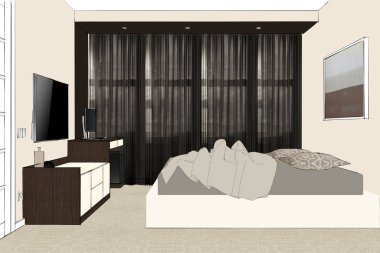 3d render. Zarif yatak odası çağdaş tarzı. Kahverengi, siyah aksanlı bej. Tv standı mobilya, masa, daire odasında yatak.