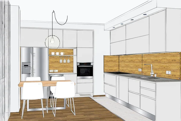 3D rendering. Modern creative kitchen furniture design in interior with wood accents. Dining, living room. Oak veneer. Kitchen appliances and decorations. Pendant light. Beige cabinets, brown floor.