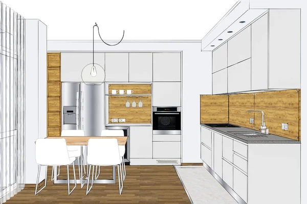 Perilisan Desain Mebel Dapur Kreatif Modern Interior Dengan Aksen Kayu — Stok Foto