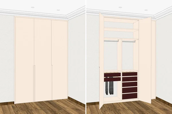 Ilustração Quarto Clássico Interior Mobília Guarda Roupa Moderna Linhas Projeção — Fotografia de Stock