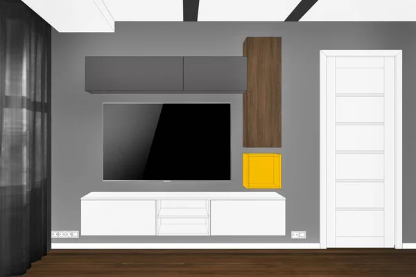 3D rendering. Modern living room interior. Modern creative TV furniture. TV stand and entertainment center. Front view. Home Interior Design Software Programs. White, brown, grey with yellow accents.